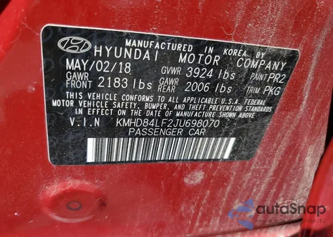 2018 Hyundai Elantra Sel z USA, uszkodzony, nr VIN KMHD84LF2JU698070